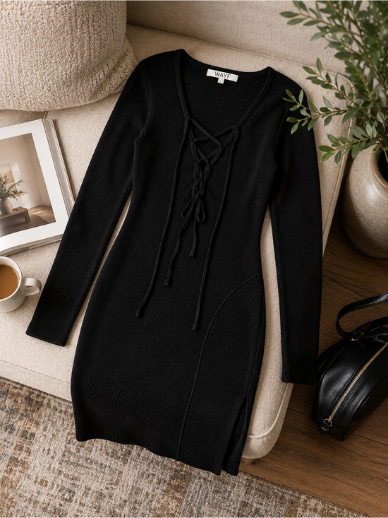 Wayf Dresses & Skirts - WAYF Black Lace-Up Ribbed Knit Mini Dress Long Sleeve Stretch V-Neck